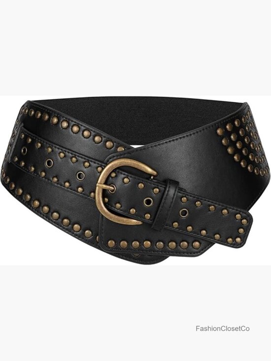 Wide Elastic Stretchy Waist Belt with Studs Rivets Metal Buckle main image 7